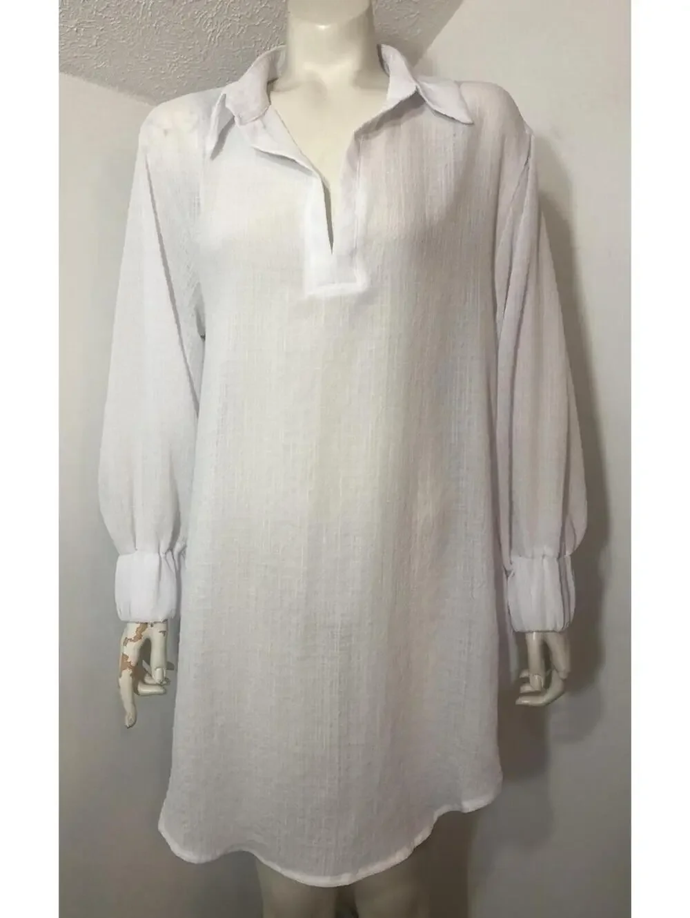 Venus Womens Medium Y Neck Swim Cover Semi Sheer White Long Sleeves Knee Length
